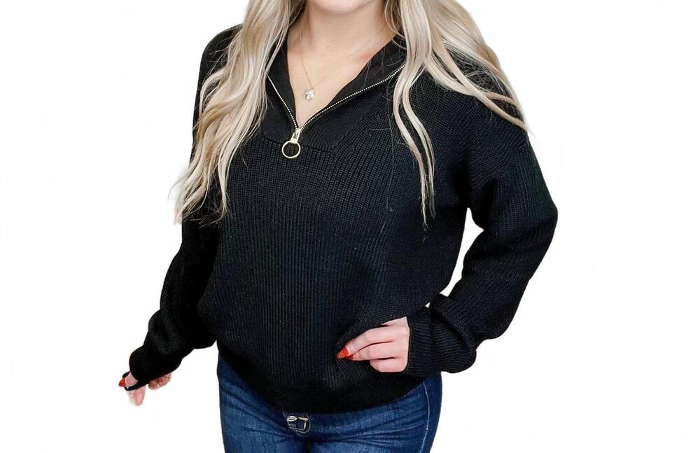 NEW JESS LEA knit long sleeve quarter zip sweater top in black
